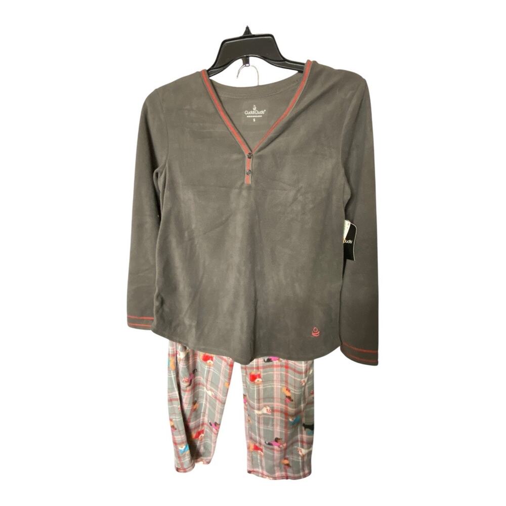 Cuddl Duds Women's S Dog Print Christmas Pajama Set Gray Plaid Cozy Gift New